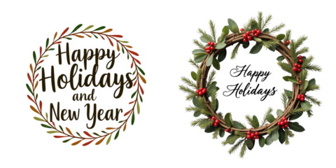 Happy Holidays and New Year typography surrounded by colorful leaves and berries in a circular wreath on a transparent background with transparent elements