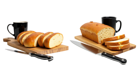 freshly sliced bread loaves on a wooden cutting board with a kitchen knife in foreground and transparent ceramic mugs in blurred background isolated on transparent backdrop