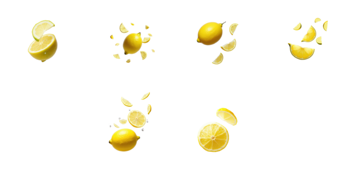 Collection of flying lemon pieces with water droplets, showcasing whole and sliced lemons in various dynamic positions, isolated on transparent background.
