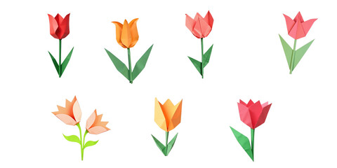 Colorful origami tulip flowers in various shapes and colors on transparent background with empty space for text or message ideal for crafts and decoration