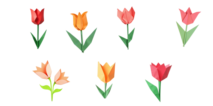 Colorful origami tulip flowers in various shapes and colors on transparent background with empty space for text or message ideal for crafts and decoration - Powered by Adobe