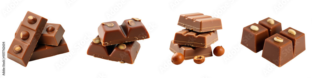 Poster close up view of assorted milk chocolate bars with whole hazelnuts arranged on a transparent backgro