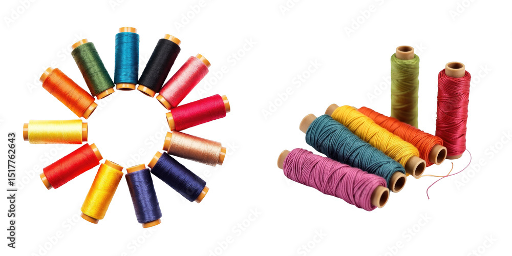 Poster assorted spools of colored sewing threads in various shades arranged in a circular pattern and scatt
