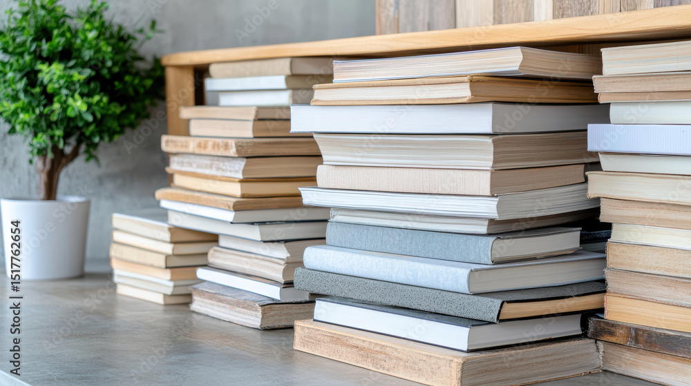 Poster neatly stacked books on shelf create organized and inviting atmosphere