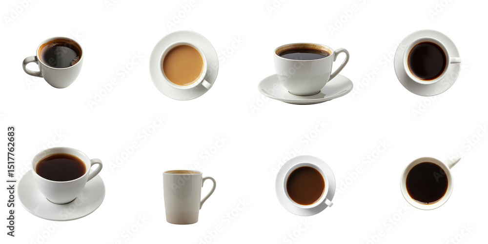 Poster assorted white coffee cups filled with various coffee types isolated on transparent background showc