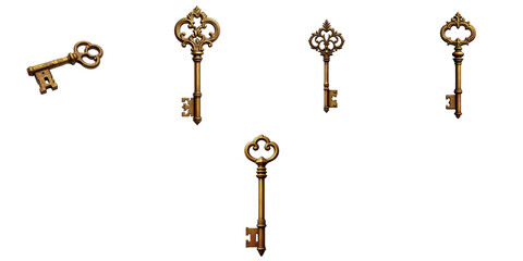 Vintage gold keys arranged on a transparent background featuring intricate designs and various shapes ideal for decorative or graphic use