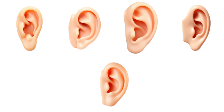 Realistic artificial ear models for hearing simulation displayed from multiple angles isolated on a transparent background for educational or medical use