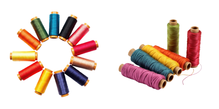 Assorted spools of colored sewing threads in various shades arranged in a circular pattern and scattered on a transparent background for crafting and sewing projects