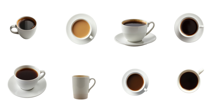 assorted white coffee cups filled with various coffee types isolated on transparent background showcasing multiple perspectives and styles of cups
