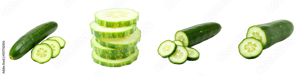 Poster fresh cucumber and sliced cucumber pieces arranged on a transparent background displaying whole cucu