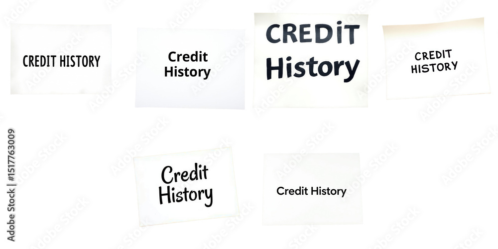 Poster transparent paper notes with the text credit history in various styles and fonts arranged on a woode