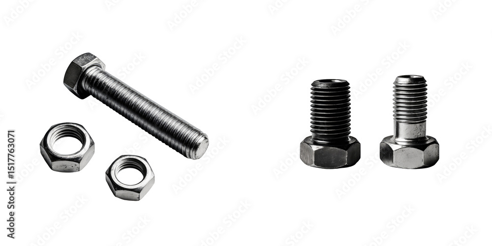 Aufkleber metallic bolt and nut set isolated on transparent background featuring a long bolt with two nuts and