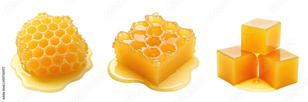 Poster fresh honeycomb with honey dripping from it alongside solid honey cubes on a transparent background 