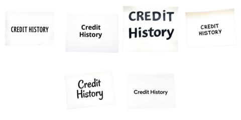 Transparent paper notes with the text Credit History in various styles and fonts arranged on a wooden table, isolated on a transparent background for clear visibility.