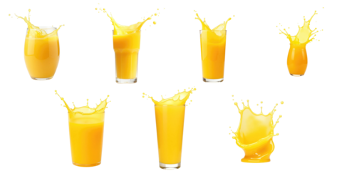 Mango juice splash collection featuring various glasses with vibrant yellow juice and dynamic splash effects against a transparent background highlighting liquid motion and freshness