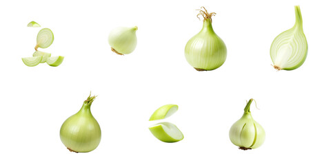 Chopped green onions in various stages of cut and exposure on a transparent background showcasing their layers and textures with clear isolation for culinary use.
