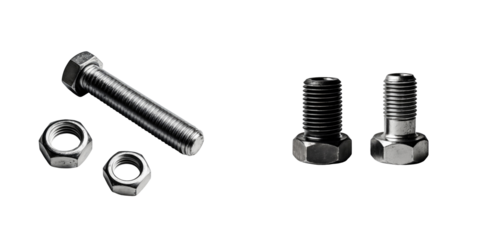 Metallic bolt and nut set isolated on transparent background featuring a long bolt with two nuts and two shorter bolts with nuts highlighting industrial hardware components