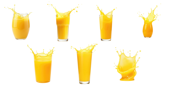 Mango juice splash collection featuring various glasses with vibrant yellow juice and dynamic splash effects against a transparent background highlighting liquid motion and freshness