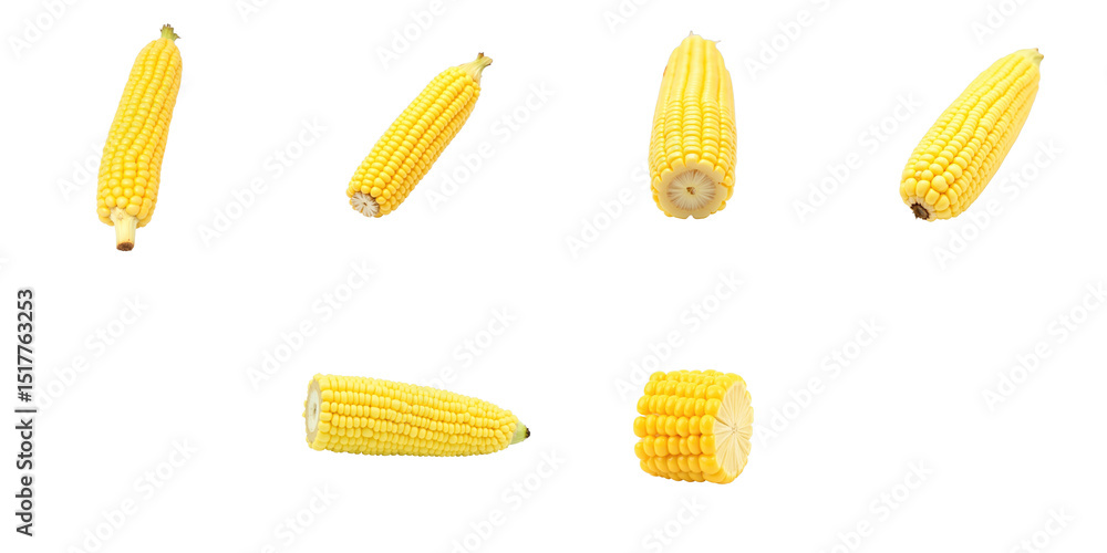Poster freshly cut yellow corn cobs displayed in multiple orientations with a transparent background highli