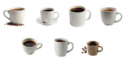 Obraz premium Collection of various coffee mugs with coffee isolated on transparent background including multiple styles and sizes with coffee beans