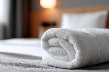 Crisp white towel rolled on bed in luxurious hotel bedroom setting