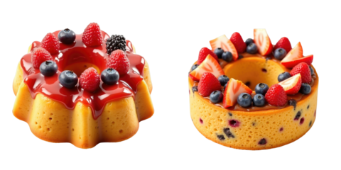 Two varieties of fruit cake closeup with vibrant toppings including raspberry, transparentberry, and strawberry presented on a transparent background for clear visibility.