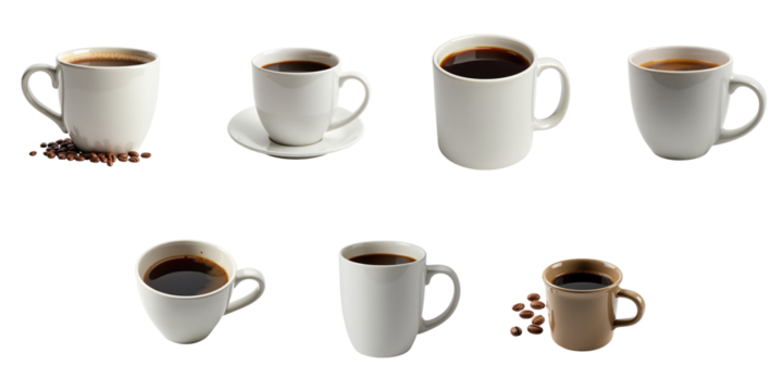 Collection of various coffee mugs with coffee isolated on transparent background including multiple styles and sizes with coffee beans