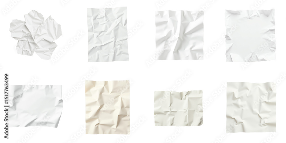 Poster crumpled white paper textures collection on isolated transparent background various sizes and shapes