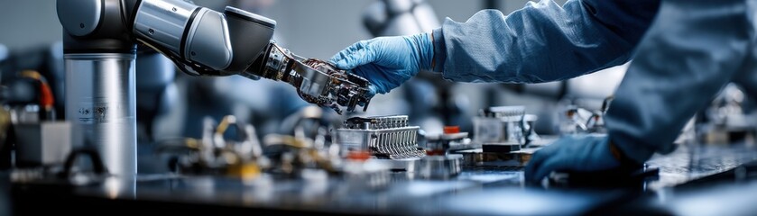 Industrial cobot handing component to technician