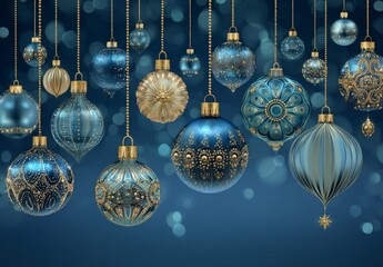 Blue And Gold Christmas Ornaments Hanging Against Dark Blue Background