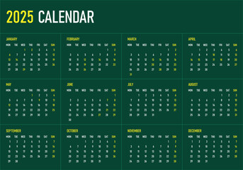 2025 Calendar. Monday first, two weekends. Simple calender layout. Desk planner template with 12 months. Yearly diary.