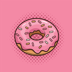 Obraz premium bold donut pop art symbol vector with pink background and halftone dot accents