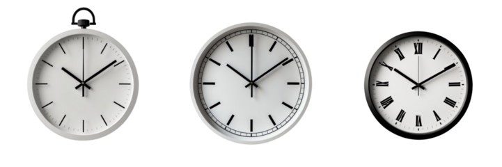 Three distinct wall and pocket clocks isolated on a transparent background showcasing different face designs and hour markers with transparent hands and numerals.