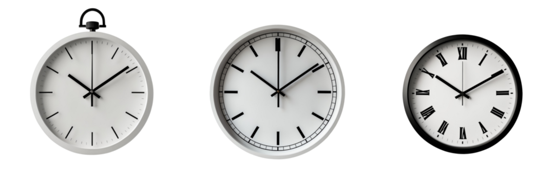 Three distinct wall and pocket clocks isolated on a transparent background showcasing different face designs and hour markers with transparent hands and numerals.