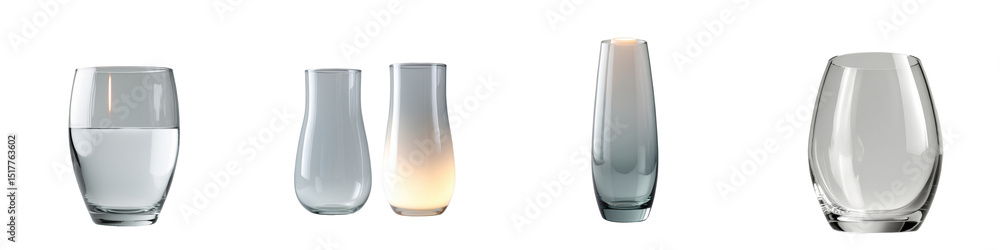 Poster variety of glassware including clear and frosted styles on transparent background with water and amb