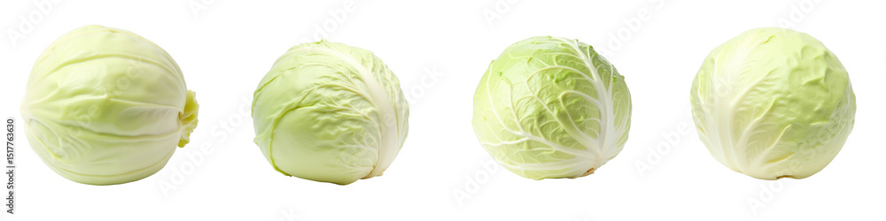Poster fresh ripe green cabbage vegetables arranged in a row on a transparent background highlighting their