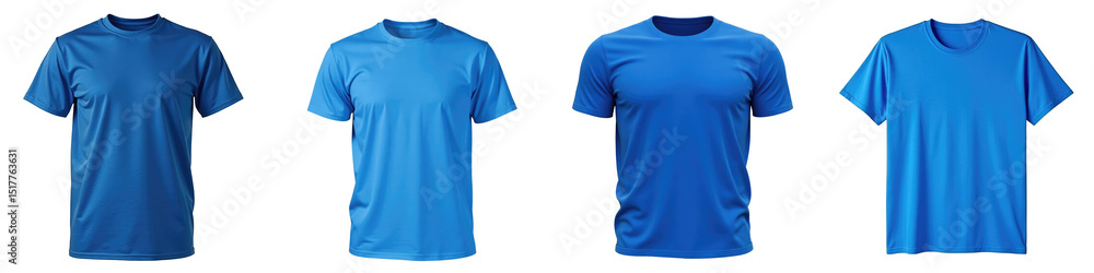 Poster blue casual t-shirts displayed in multiple styles and orientations on a transparent background, isol