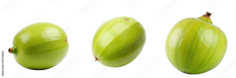 Poster three fresh green coconuts with distinct shapes and sizes isolated on a transparent background showc