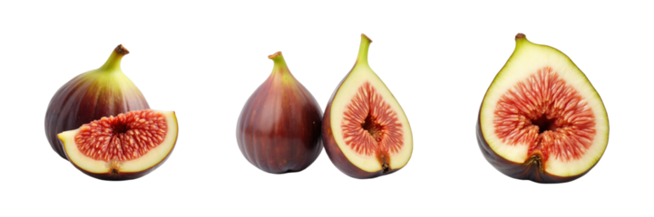 Fresh figs displayed in various stages, whole fruit and sliced, showcasing interior texture and color, isolated on transparent background for clear visibility