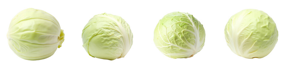 Fototapeta premium Fresh ripe green cabbage vegetables arranged in a row on a transparent background highlighting their texture and color details with uniform lighting.