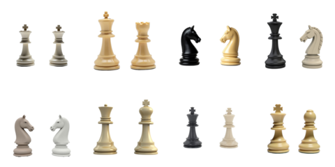 Chess pieces arranged in two rows facing each other on a transparent background isolated for a clear view illustrating competition strategy and decision making concepts