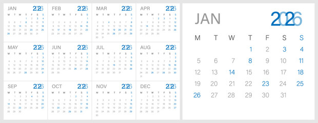 Calendar 2026 year - vector illustration. Week starts on Monday. Calendar Set for 2026 year. Calendar 2026 week start Monday corporate design template vector. Desk calendar 2026.