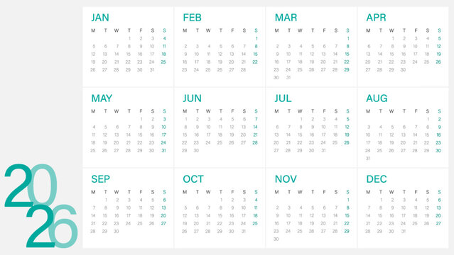Calendar 2026 year - vector illustration. Week starts on Monday. Calendar Set for 2026 year. Calendar 2026 week start Monday corporate design template vector. Desk calendar 2026.