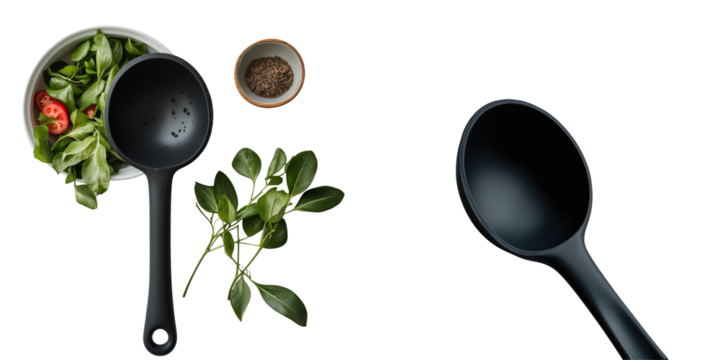 transparent silicone soup ladle with ergonomic handle next to fresh salad ingredients on a transparent background showcasing kitchen utensil design and functionality