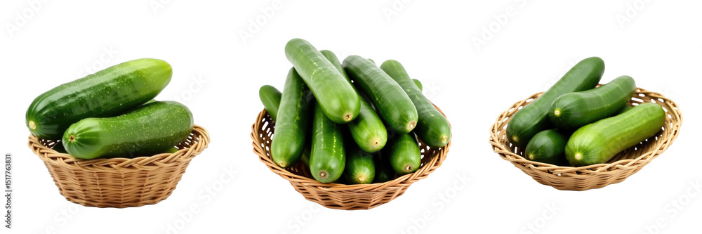 Poster cucumbers arranged in three wicker baskets with a transparent background highlighting their green co