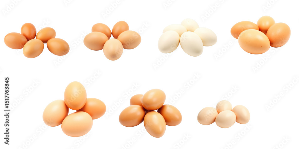 Poster assortment of eggs in various groupings on a transparent background featuring brown and white eggs i