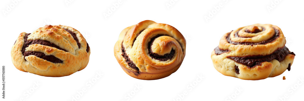Poster close-up view of three chocolate swirl bread rolls displayed on a transparent background highlightin