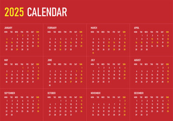 2025 Calendar. Monday first, two weekends. Simple calender layout. Desk planner template with 12 months. Yearly diary.