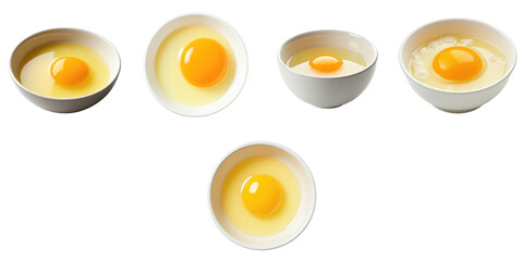 Various chicken eggs in bowls on a transparent background showcasing whole, cracked, and cooked egg preparations arranged in a visually appealing manner.
