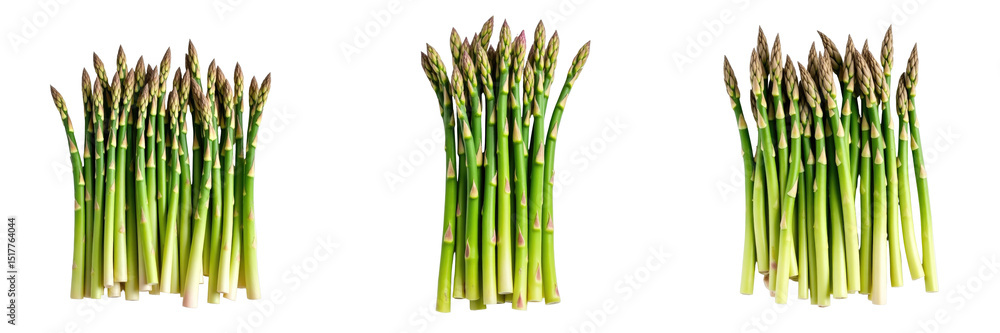 Poster fresh green asparagus spears grouped in three clusters isolated on transparent background presented 